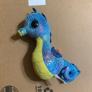 TY Beanie Boos- “Neptune” Blue Sequin Seahorse Plush with Yellow Belly with tags